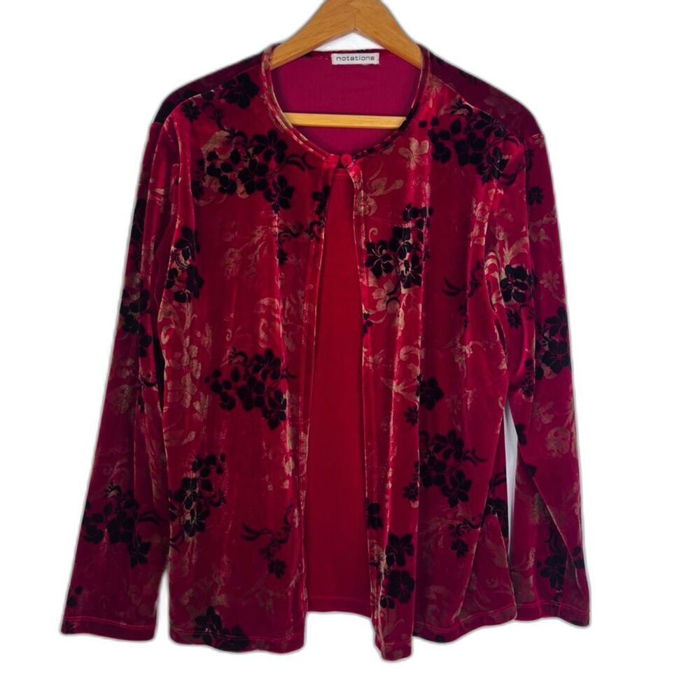 Notations Red Velvet Brocade Blouse‎ Size Large Christmas Holiday Dressy Whimsi